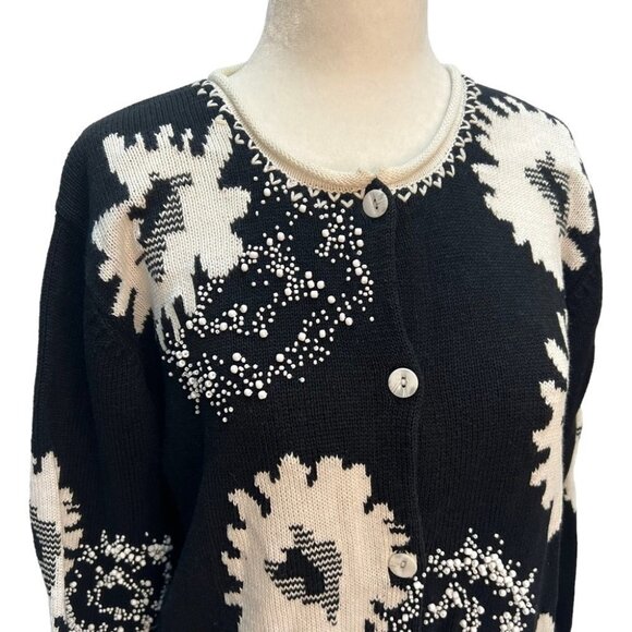 Rare! Vintage Black Floral Beaded Button Front Cotton Cardigan Sweater Size M - Picture 4 of 10
